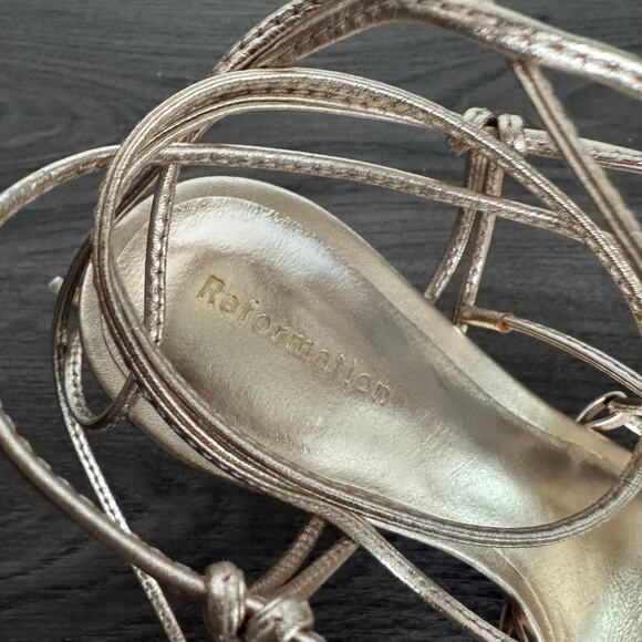 Reformation Gemma Lace Up Sandals NEW Gold Foil Metallic Leather Tie Heels 8 - Picture 5 of 9